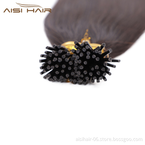 Aisi Hair 10A Unprocessed Color 2# Human Hair Double Drawn Pre Bonded Keratin I Tip Human Hair Extension For Women